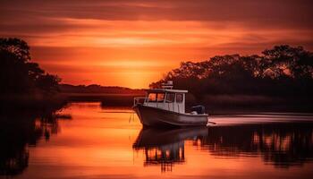 ein still Sonnenuntergang auf das Wasser, Angeln Boot Silhouette von hinten beleuchtet generiert durch ai foto