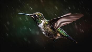 das irisierend Kolibri schwebt Mitte Luft, bestäubend Blumen mit es ist Schnabel generiert durch ai foto