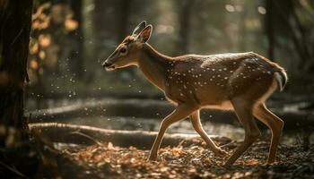 schön Damhirschkuh Stehen im Winter Wald, entdeckt durch selektiv Fokus generiert durch ai foto