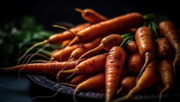 frisch, organisch Möhren mit gesund Grün Spitzen zum Vegetarier Kochen generiert durch ai foto