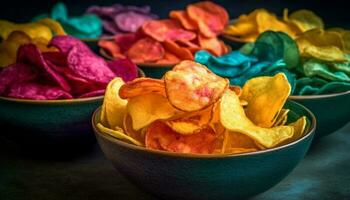 ein Gourmet Vorspeise Stapel von knackig Tortilla Chips und Guacamole generiert durch ai foto