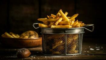 ein rustikal Mahlzeit von tief gebraten Französisch Fritten auf ein hölzern Tabelle generiert durch ai foto