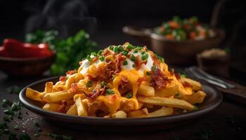 ein Gourmet Mahlzeit von Fleisch, Gemüse, und Französisch Fritten bereit generiert durch ai foto