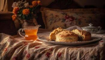 ein hausgemacht gebacken Dessert auf ein rustikal hölzern Tabelle drinnen generiert durch ai foto