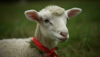 süß Lamm lächelnd, suchen beim Kamera im Grün Wiese Weide generiert durch ai foto