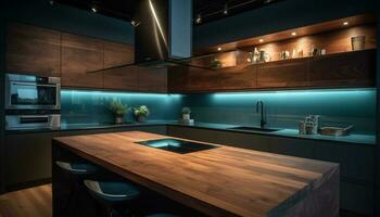 modern Küche Design mit luxuriös Holz Materialien und rostfrei Stahl Haushaltsgeräte generiert durch ai foto