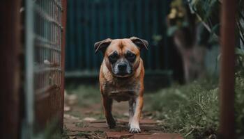 ein süß Französisch Bulldogge Sitzung draußen, suchen beim das Kamera generiert durch ai foto