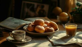 ein rustikal immer noch Leben von hausgemacht Dessert und heiß Kaffee generiert durch ai foto