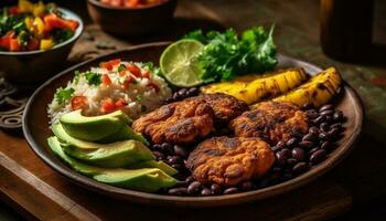 gegrillt Steak und Gemüse Taco mit frisch Guacamole und Salsa generiert durch ai foto