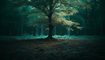 das gespenstisch Wald im Herbst, ein Geheimnis im das dunkel generiert durch ai foto