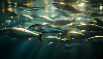 ein Schule von multi farbig Fisch Schwimmen im das tief Riff generiert durch ai foto