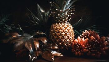 frisch Ananas Scheibe auf hölzern Tisch, ein tropisch Sommer- Snack generiert durch ai foto