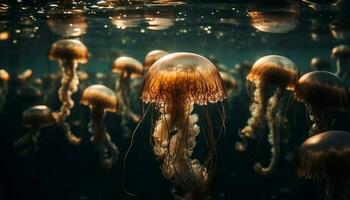 giftig cnidarian leuchtet im dunkel, stechend Fisch im unter Wasser Riff generiert durch ai foto