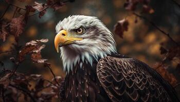 das majestätisch kahl Adler sich niederlassen auf ein Zweig, schließen oben Porträt generiert durch ai foto