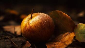 reif, saftig Apfel auf nass Herbst Ast im selektiv Fokus generiert durch ai foto