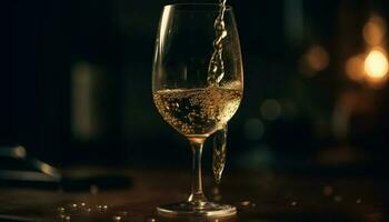 Luxus Wein Flasche und Glas auf elegant Tabelle zum Feier generiert durch ai foto