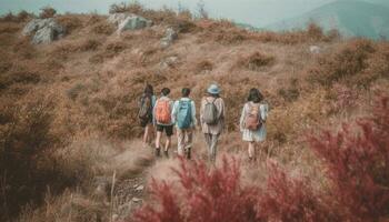 ein Gruppe von Wanderer genießen ein Berg Abenteuer zusammen generiert durch ai foto