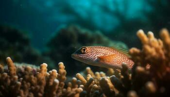 Gelb gestreift Fisch schwimmt unter multi farbig Koralle im still Riff generiert durch ai foto