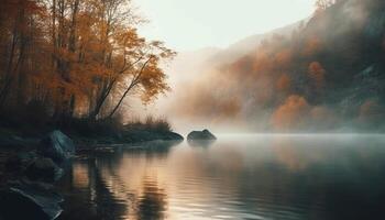 Herbst Geheimnis aufgedeckt im still Szene von nebelig Wald generiert durch ai foto