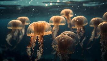 giftig cnidarian Tentakeln glühen im dunkel unter Wasser Schönheit generiert durch ai foto