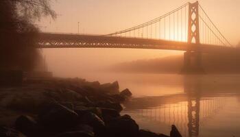 das golden Tor Brücke spiegelt das still Sonnenuntergang Landschaft generiert durch ai foto