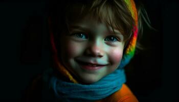 süß Kind lächelt freudig, suchen beim Kamera im Herbst Natur generiert durch ai foto
