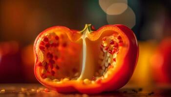 ein reif, saftig Tomate Scheibe auf ein bunt Schneiden Tafel generiert durch ai foto