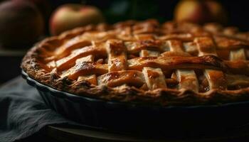 frisch gebacken Apfel Torte mit Beere Gitter, ein Süss Genuss generiert durch ai foto