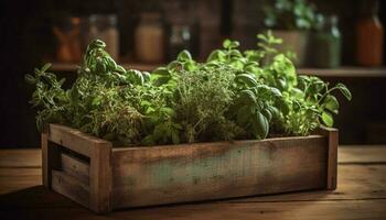 organisch Gemüse Kiste Vitrinen gesund, Grün Wachstum zum gesund Essen generiert durch ai foto