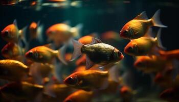 ein Schule von multi farbig Fisch schwimmen im ein tropisch Riff generiert durch ai foto