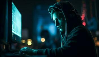 einer jung Mann, mit Kapuze, Tippen auf Computer drinnen beim Nacht generiert durch ai foto