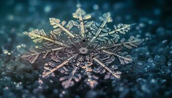abstrakt Schneeflocke Muster leuchtet auf eisig Winter Hintergrund, beleuchtet Dekoration generiert durch ai foto