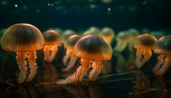 giftig cnidarian leuchtet im dunkel, stechend unter Wasser Schönheit im Natur generiert durch ai foto