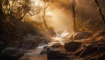 das still Szene von das fließend Wasser im das Wald generiert durch ai foto