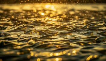 Sonnenuntergang Betrachtung auf nass Sand schafft abstrakt golden Welle Muster generiert durch ai foto