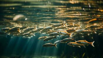 ein Schule von Fisch schwimmt im ein multi farbig unter Wasser Paradies generiert durch ai foto