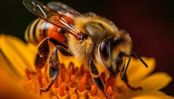 ein beschäftigt Biene Sammeln Pollen von ein Single Gelb Blume generiert durch ai foto