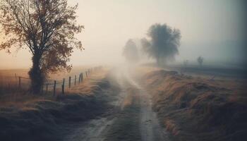 das nebelig Wald beim Dämmerung, ein still Schönheit im Natur generiert durch ai foto