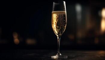 Champagner Flöte spiegelt golden Luftblasen im elegant Feier Party generiert durch ai foto