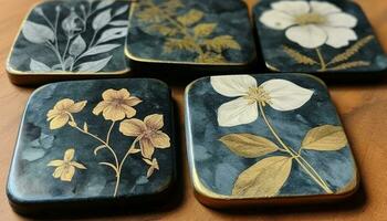 rustikal Keramik einstellen mit aufwendig Blumen- Muster, symbolisieren Kulturen' Kreativität generiert durch ai foto