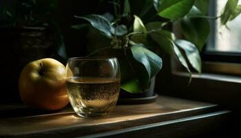 ein frisch Apfel fallen im ein Glas von Trinken Wasser generiert durch ai foto