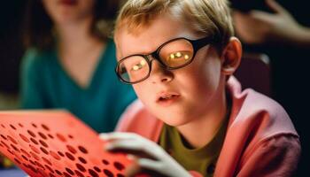 lächelnd Schule Kinder spielen und studieren zusammen im Klassenzimmer drinnen generiert durch ai foto