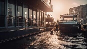 Fahren Jahrgang Auto auf am Wasser, bewundern Sonnenuntergang und Stadtbild generiert durch ai foto