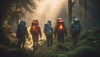 ein Gruppe von Rucksacktouristen Wandern durch das nebelig Berg Terrain generiert durch ai foto