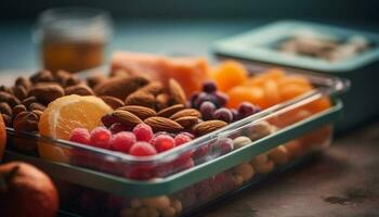 hingeben im gesund Essen mit ein Vielfalt von frisch Obst generiert durch ai foto