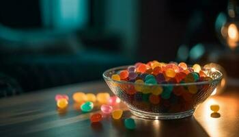 ein bunt Süßigkeiten Schüssel, ein Süss Genuss zum irgendein Feier generiert durch ai foto
