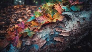 beschwingt Herbst Blätter schmücken das alt Ahorn Baum im Wald generiert durch ai foto