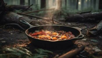 rustikal Besetzung Eisen Kochen schwenken Grills frisch Gemüse draußen generiert durch ai foto
