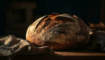 frisch gebacken rustikal Brot auf hölzern Tisch, perfekt zum Mahlzeit generiert durch ai foto