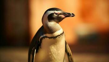 schließen oben Porträt von ein süß Gentoo Pinguin watscheln auf Eis generiert durch ai foto